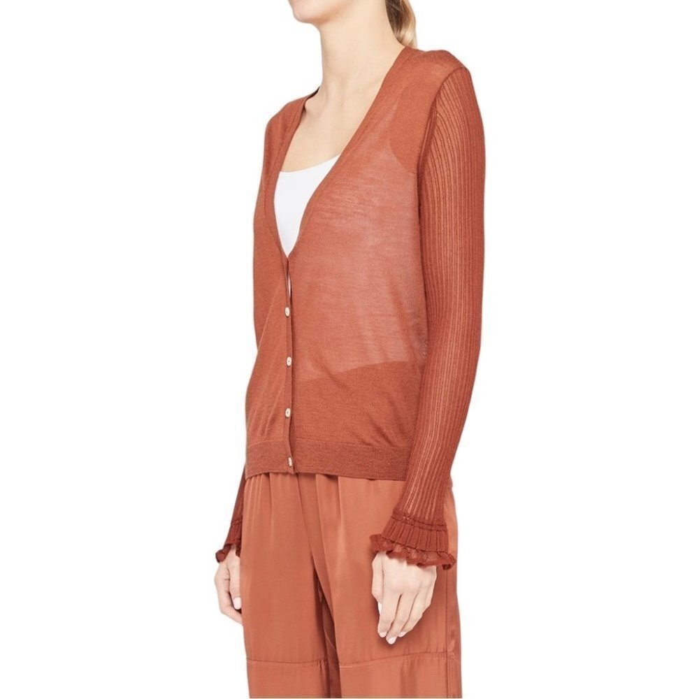 THEORY Bering Rust Brown Sheer Sleeved Wool Viscose Button Up Cardigan Size L
